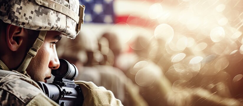 Composite image of armed forces day with caucasian soldier aiming gun representing honor and patriotism