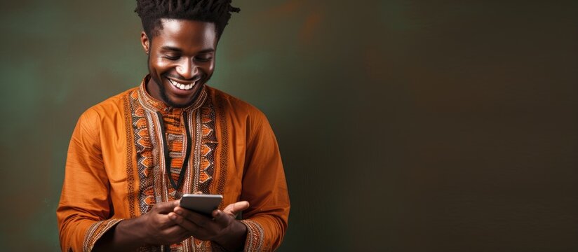 African man in traditional attire using mobile phone isolated in store