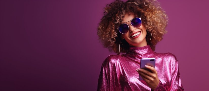 happy girl with sunglasses and disco ball on purple - Powered by Adobe