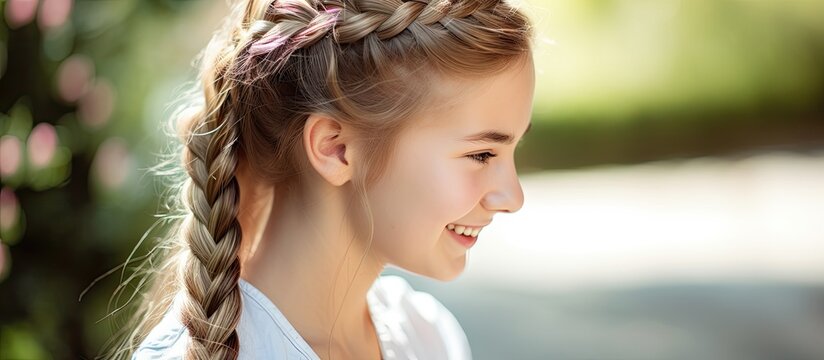 Teen girl with braided hair showcasing her elegant hairstyle for copy space in an advertisement