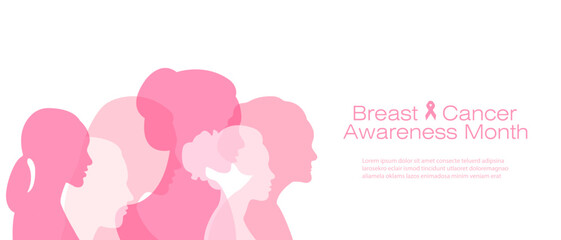 Breast Cancer Awareness Month.Banner with silhouettes of women standing side by side and space for text.Flat vector illustration.