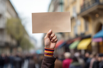 A close-up of a person's hand holding a sign. Generative Ai.