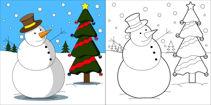 Cute coloring page of a Snowman and a Christmas tree.  Hours of fun for little kids.  Very easy to color.  Coloring page for kids.  Simple coloring page
