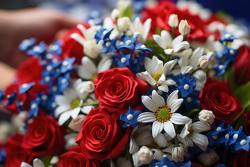 Fototapeta na wymiar A close-up of a person's hand arranging a bouquet of red, white, and blue flowers in honor of the French flag. Generative Ai.