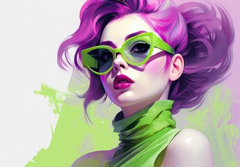 Fototapeta premium Beautiful young woman in sunglasses. Fashionable image of the model in purple-green tones. The female image is drawn. Illustration for poster, cover, brochure, card, postcard, interior design or print