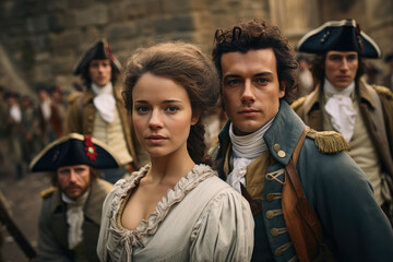 Locals wearing period costumes to reenact historical events, such as the French Revolution. Generative Ai.