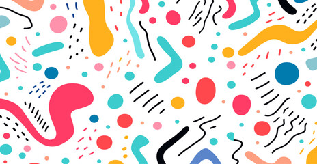 Merry and colorful line doodle seamless ornament. Innovative minimalist artistic background for children or modern design adorned with primary shapes. Easygoing youthful scribble backdrop