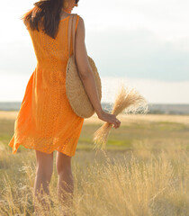 Beauty romantic girl outdoors. Rear view of a beautiful girl dressed in a casual orange dress with...