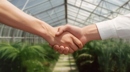 Handshake of two men in white shirts in a glass greenhouse