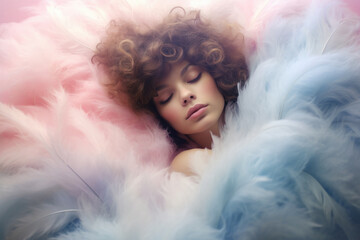 Comfort sleeping concept. Beautiful woman sleeping on a soft cuddling feather