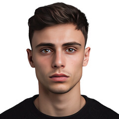 Obraz premium Serious young man poses for close up photo isolated on gray transparent background