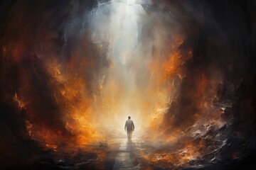 Religious biblical concept of human death, soul goes to purgatory, road to heaven, light at the end of the tunnel, road to god, life and death, heaven, heaven and hell . - obrazy, fototapety, plakaty