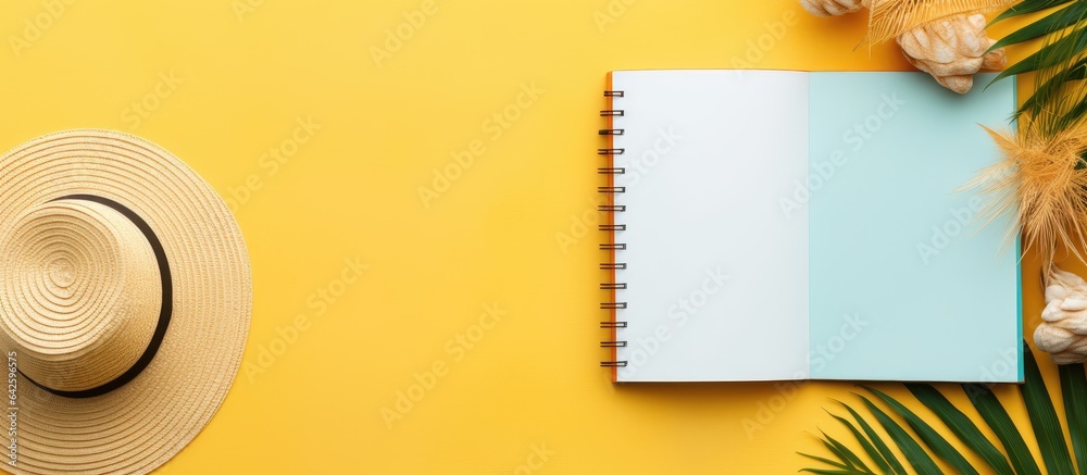 Poster a summer themed blank book for writing with beach accessories in the background flat lay with copy s
