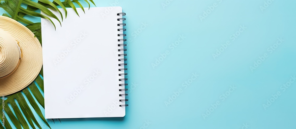 Poster a summer themed blank book for writing with beach accessories in the background flat lay with copy s