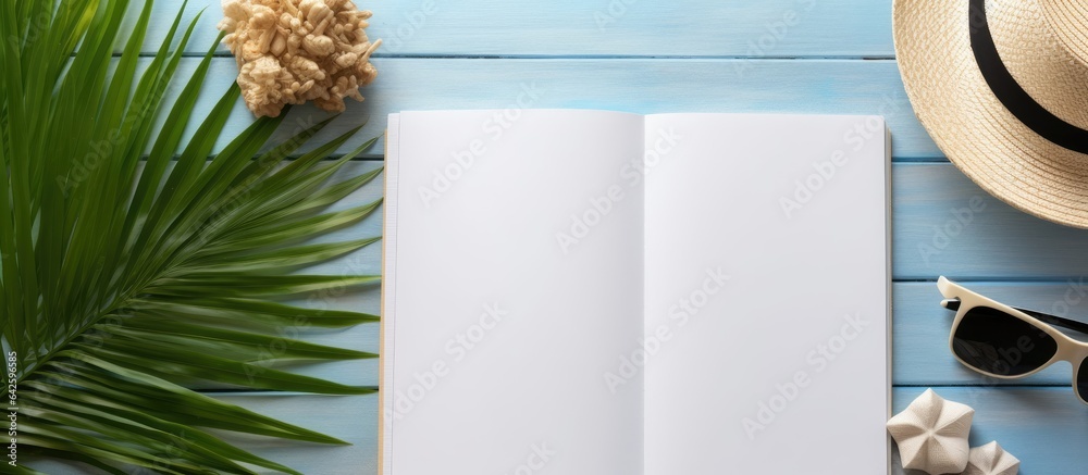 Poster a summer themed blank book for writing with beach accessories in the background flat lay with copy s
