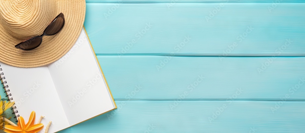 Aufkleber A summer themed blank book for writing with beach accessories in the background Flat lay with copy space
