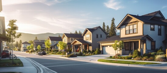 A residential area at dusk with spacious homes and yards captured from the street providing room for copy