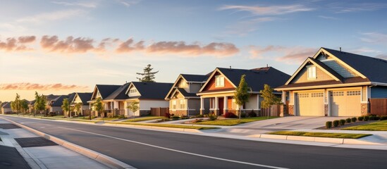 A residential area at dusk with spacious homes and yards captured from the street providing room for copy