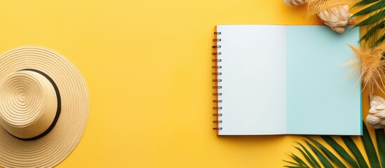 A summer themed blank book for writing with beach accessories in the background Flat lay with copy space