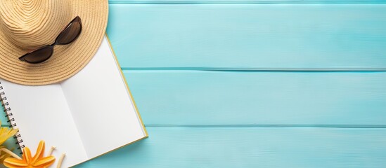 A summer themed blank book for writing with beach accessories in the background Flat lay with copy space