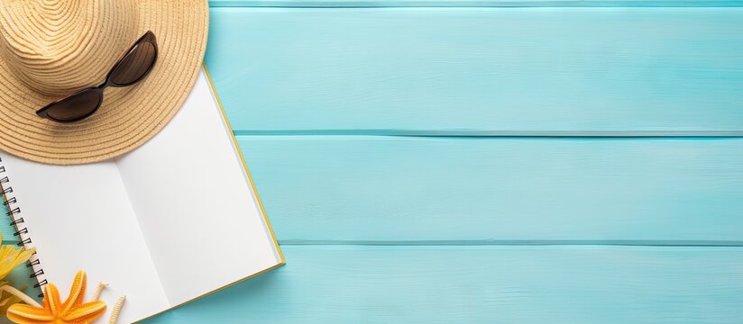 A summer themed blank book for writing with beach accessories in the background Flat lay with copy space