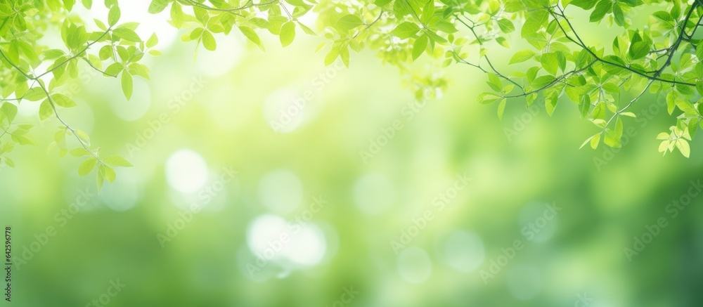 Poster abstract green bokeh image of a blurred tree for a summer background