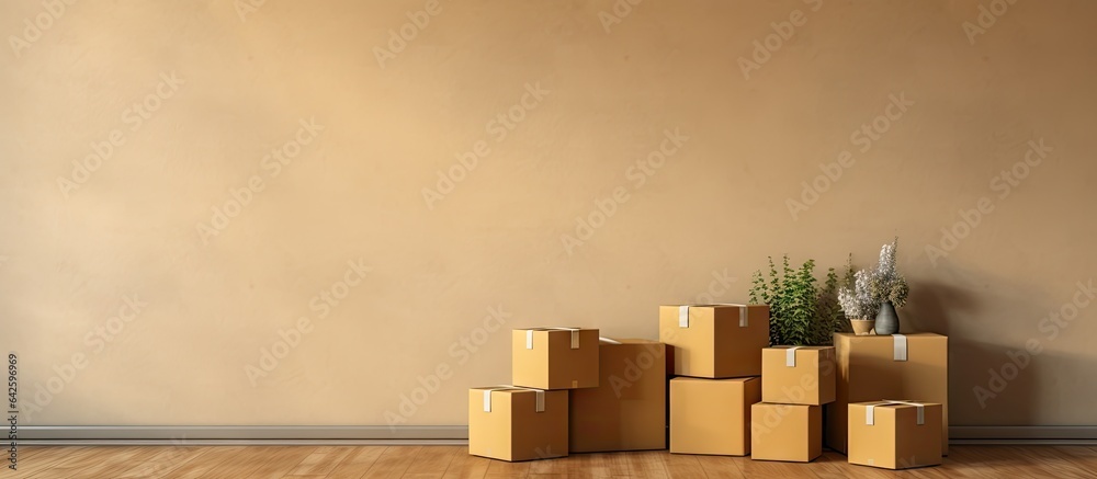 Poster arranging boxes in vacant room with empty space