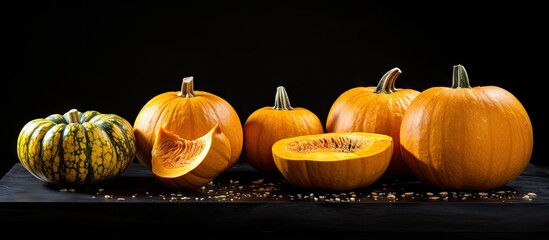 Arrangement of sliced pumpkins on dark surface