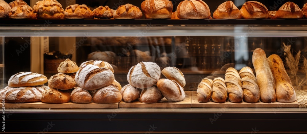 Poster bakery showcasing freshly baked breads in the display case