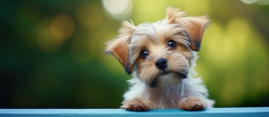 Beautiful fluffy puppy portrait of a yorkie mix isolated on blue background looking at camera