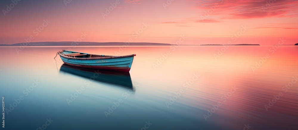 Poster Boat on lake with sunset reflection Slow Shutter captures Motion Blur and Soft Focus