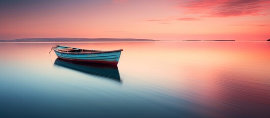 Boat on lake with sunset reflection Slow Shutter captures Motion Blur and Soft Focus - obrazy, fototapety, plakaty