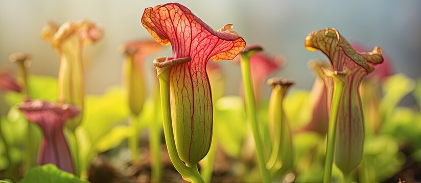 Blurry background with a close up of a carnivorous insectivorous Sarracenia flower