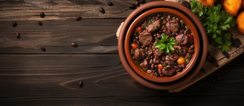 Brazilian feijoada in a ceramic bowl on a rustic wooden background