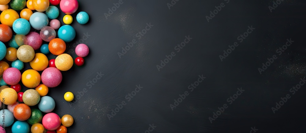Poster candy balls on gray black paper with copy space in a horizontal banner format