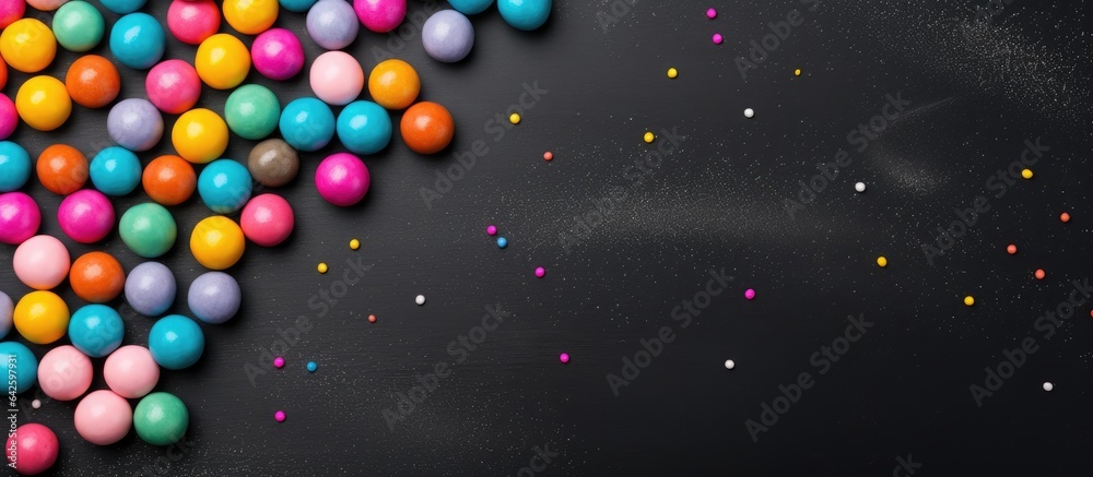 Poster candy balls on gray black paper with copy space in a horizontal banner format