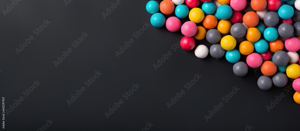 Poster candy balls on gray black paper with copy space in a horizontal banner format