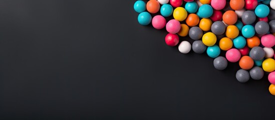 Candy balls on gray black paper with copy space in a horizontal banner format