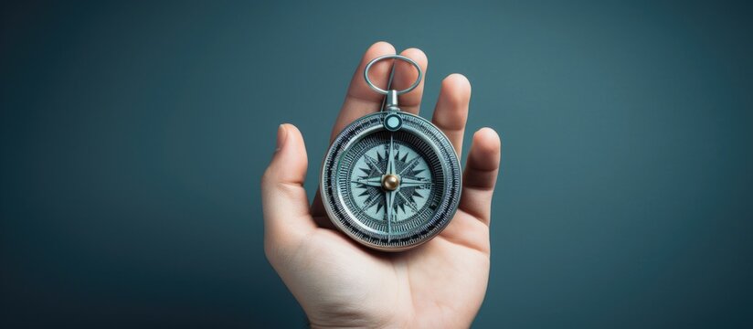 Choose direction with compass on grey background top view copy space