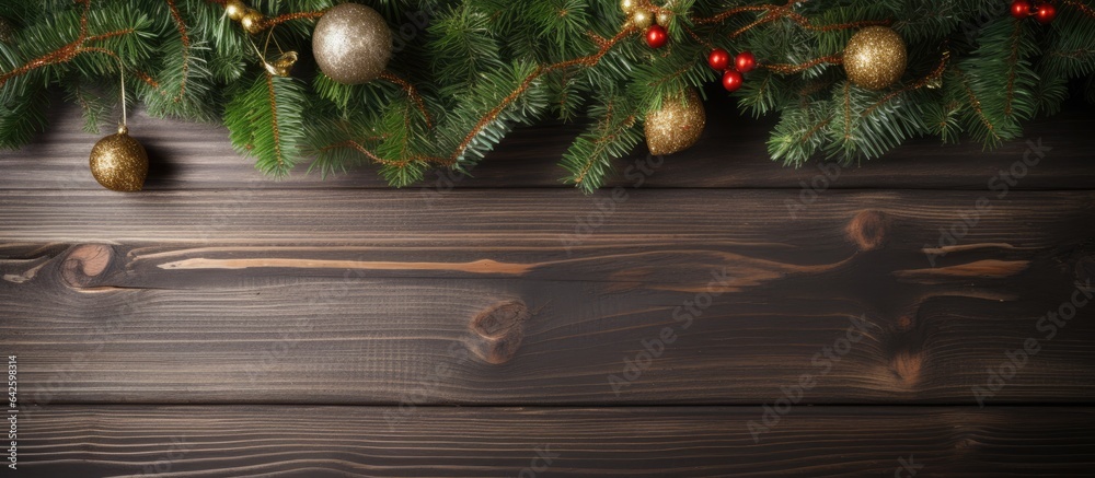 Poster christmas tree on wooden background with empty space