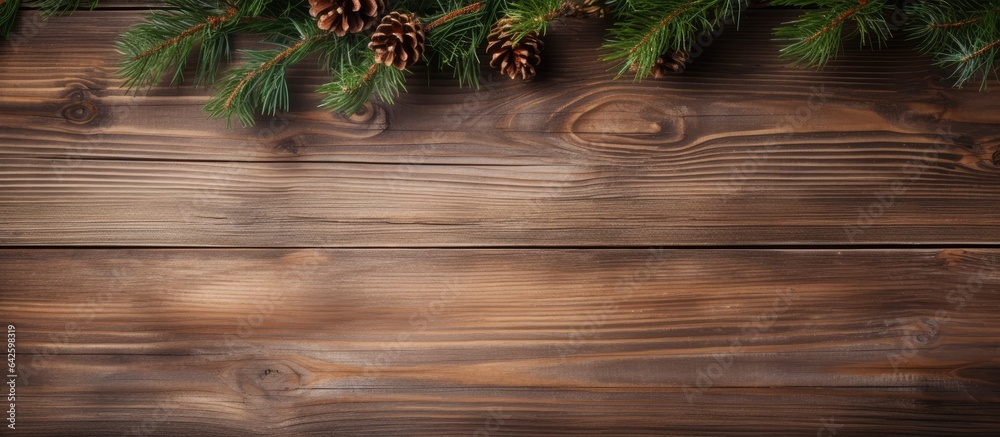 Poster christmas tree on wooden background with empty space