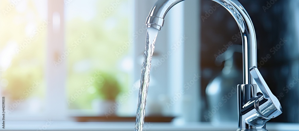 Poster chrome faucet with flowing water and room for text