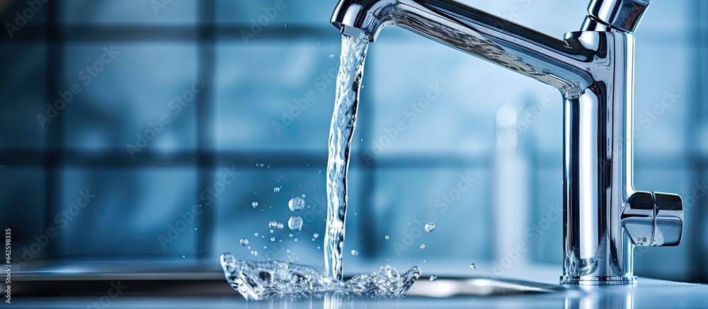Poster chrome faucet with flowing water and room for text