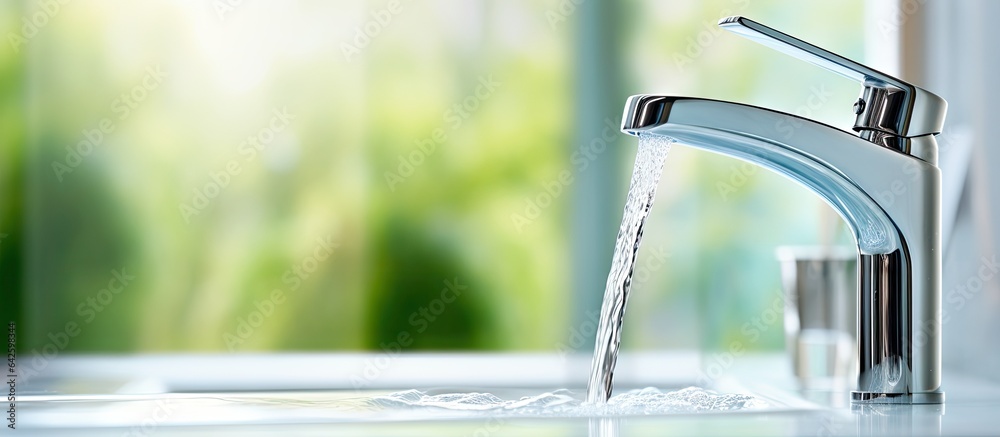 Poster chrome faucet with flowing water and room for text