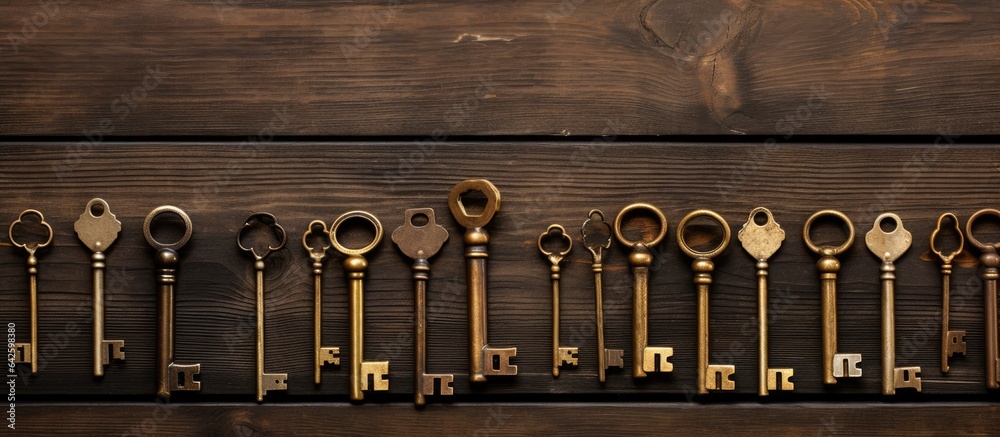 Poster classic metal keys on wooden background suitable for text