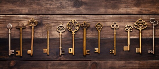 Classic metal keys on wooden background suitable for text