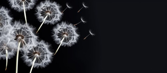 Close up photo of dandelion on black background Botanical with empty space