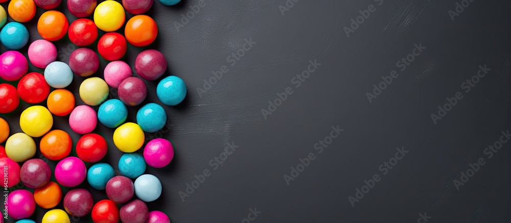 Poster Colorful candy balls on gray black paper background in horizontal banner format with empty area for text