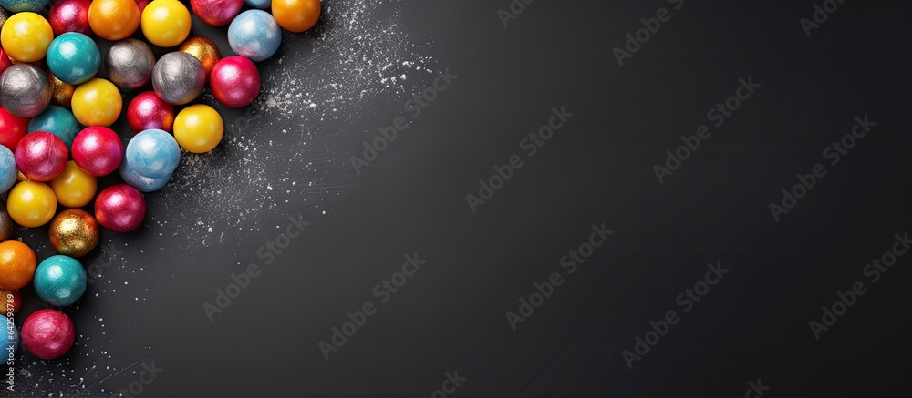 Poster Colorful candy balls on gray black paper background in horizontal banner format with empty area for text