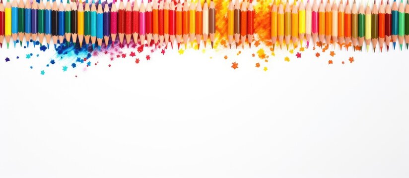 Colored pencils and shavings on a white backdrop